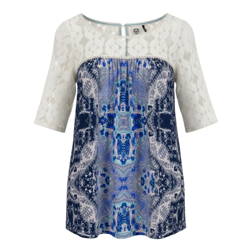 Akemi + Kin Anthropologie cream lace blouse with split neckline, keyhole button,